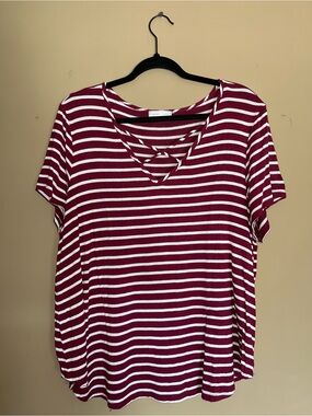 Emory‎ Park Burgundy White Striped V-Neck Crisscross Tee Shirt XL M4015T-11SFP